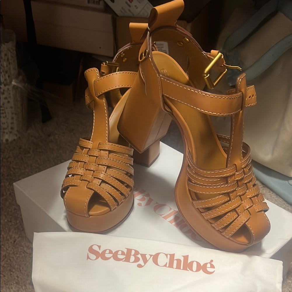 See By Chloe Tan Leather Heels with Strappy Design